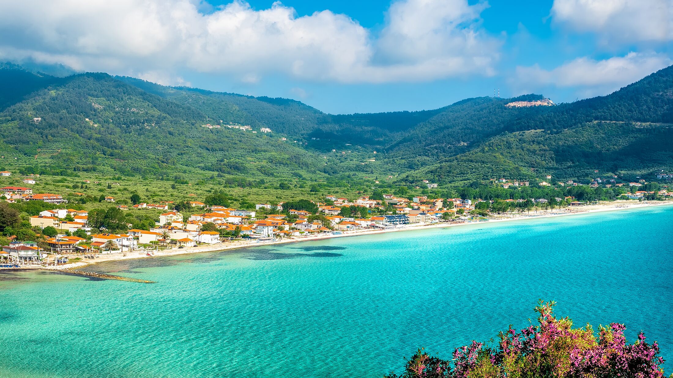 Landscape with Skala Potamia and Amazing Golden Beach on Thassos, Aegean Sea, Greece