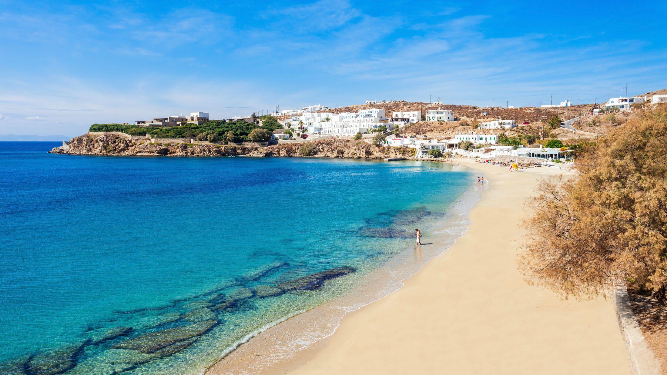 Agios Stefanos Beach on the Mykonos island, Cyclades in Greece.