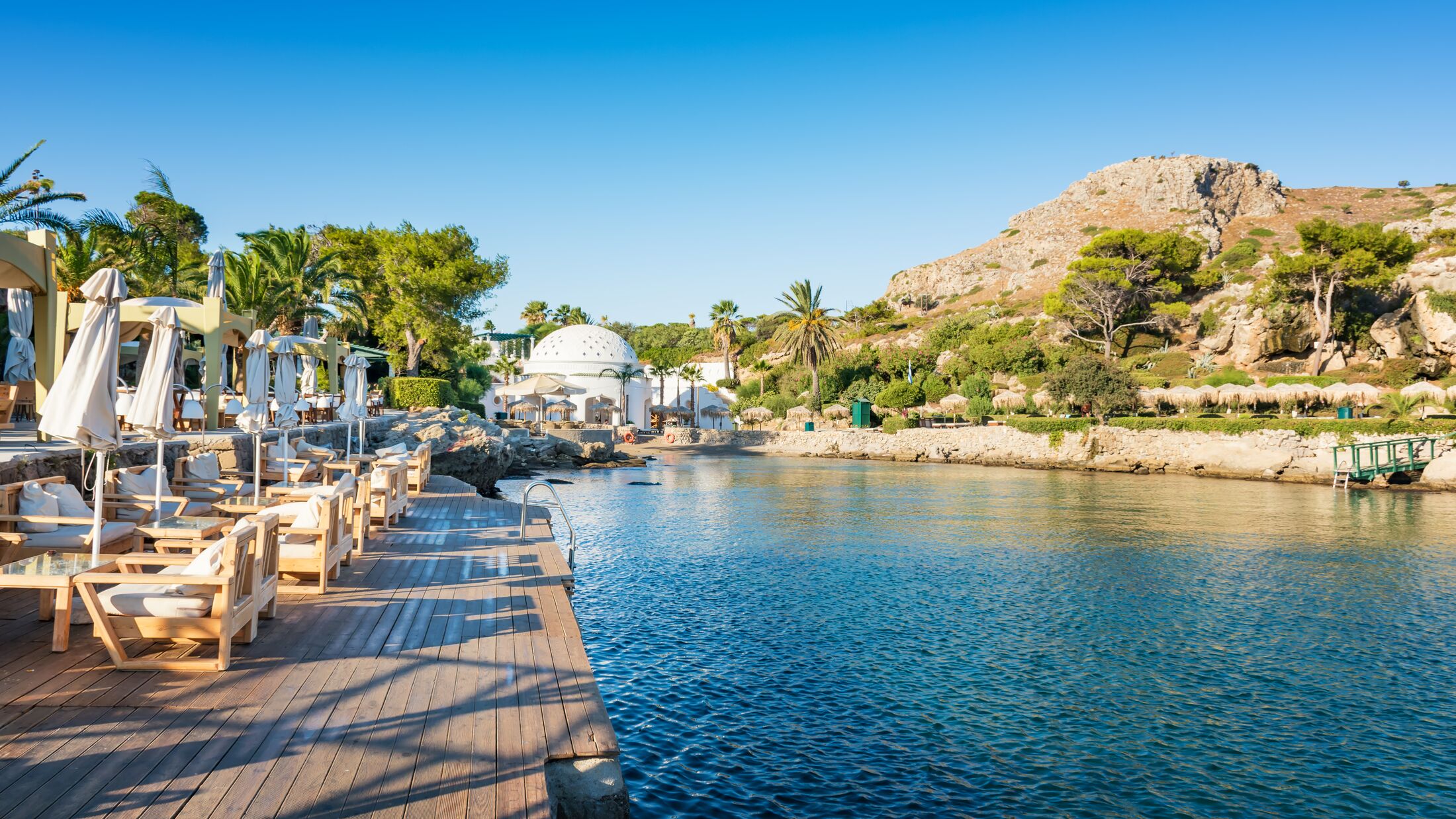 View of Kalithea bay with white Dome (Rhodes, Greece)